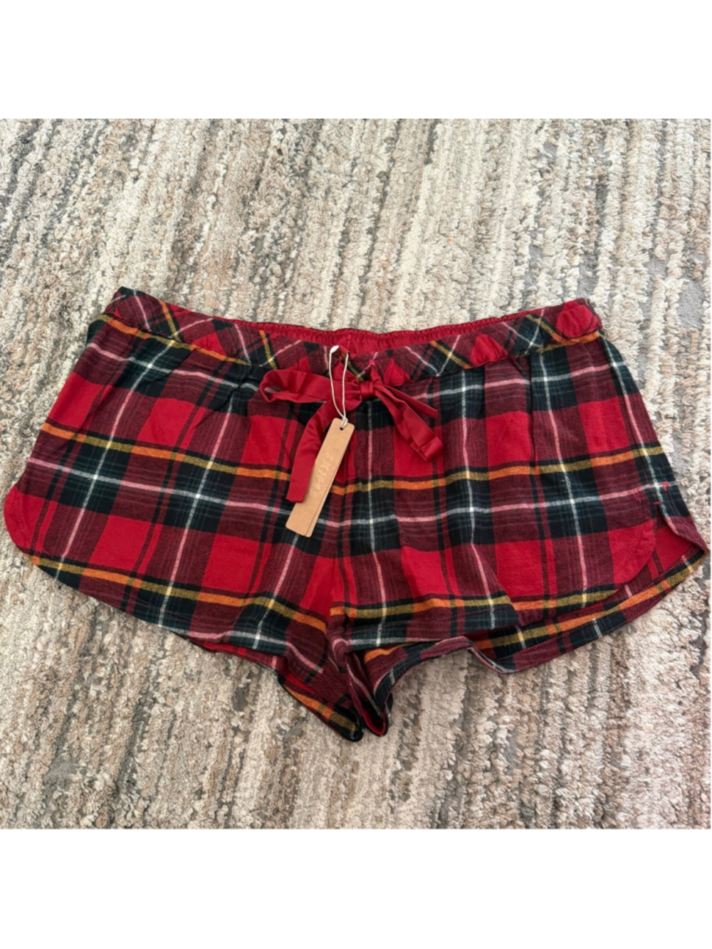 SKIMS Flannel Sleep Drawstring Short Size L Brick Holiday Plaid SKU717